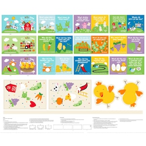 May include: A collection of colorful fabric squares featuring farm animal illustrations and text. Each square depicts a different scene with animals, objects, and text, including a red barn, a cow, and a tractor. The overall theme is a children's educational theme.