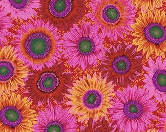 May include: A vibrant red background with a pattern of pink and orange sunflowers. The flowers have a variety of shades of pink and orange, and the background is a solid red.