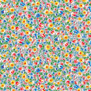 May include: A gray fabric with a repeating pattern of small, colorful flowers. The flowers are in shades of red, yellow, blue, and pink.