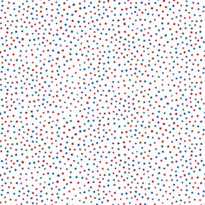 May include: A white background is covered with a pattern of randomly scattered red and blue dots. The dots vary in size and density, creating a textured, visually engaging design. The color palette is simple, with the primary colors of red and blue.