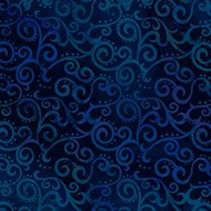 May include: Dark blue fabric with a repeating pattern of swirling, stylized vines and dots in shades of blue and teal. The design has a watercolor effect, with variations in color intensity creating depth and visual interest. The fabric appears to be cotton or a similar material.