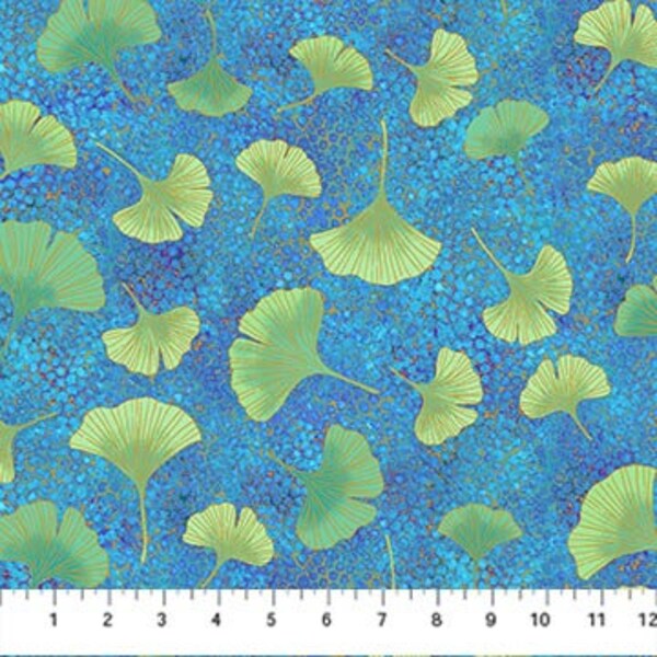 Shimmer Ginkgo Garden Ginkgo Toss Blue, Medium Leaves 26853M-46 by Northcott 100% Cotton Quilting Fabric Yardage