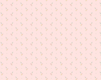 May include: A light pink fabric featuring a repeating pattern of small, delicate sprigs in shades of green, yellow, and blue, interspersed with tiny dark brown dots arranged in a grid-like formation across the entire surface of the material.