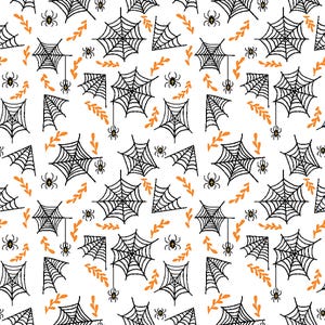 May include: A white fabric featuring a repeating pattern of black spiderwebs, small black spiders, and orange leafy sprigs. A ruler at the bottom shows a scale of 6 inches, with the text www.GardensongFabrics.com and 601-748-4870 printed below.