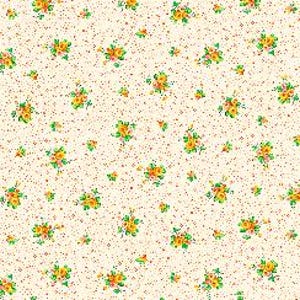 May include: Cream-colored fabric with a repeating pattern of yellow and orange roses and green leaves. The floral clusters are interspersed with small red dots. The fabric has a vintage, cottagecore aesthetic.