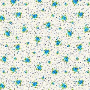 May include: White fabric with a scattered pattern of small blue flowers and white dots.