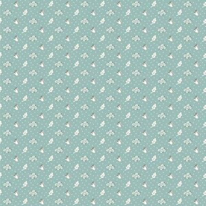 Pu&ograve; includere: Motivo ripetuto su sfondo turchese. Il motivo presenta piccoli pois bianchi, insieme a motivi floreali e fogliari bianchi stilizzati. Il design &egrave; uniformemente distanziato, creando un'estetica coerente e delicata.