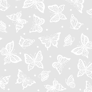 May include: A seamless pattern featuring white butterflies on a light gray background. The butterflies are arranged in a random pattern and are all facing different directions.