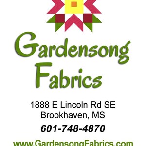 May include: White background with the text "Gardensong Fabrics" in green script. A colorful geometric design is at the top. The image also includes a phone number and website address.