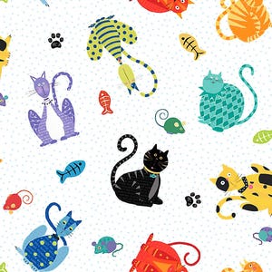 May include: A white fabric featuring a repeating pattern of colorful cartoon cats, fish, and mice. The cats are in various poses and colors, including blue, orange, and black. The design includes paw prints and small blue polka dots.