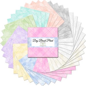 May include: A collection of Dry Brush Plaid fabric squares in various pastel colors, arranged in a circular pattern. The fabric squares feature a plaid design and are labeled with the text "Dry Brush Plaid".