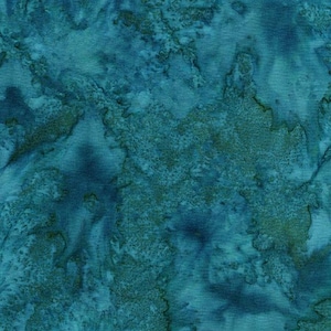 May include: A piece of fabric featuring a mottled, marbled pattern in various shades of teal, turquoise, and deep blue. The surface displays a textured, organic appearance with blended color transitions and darker, saturated patches throughout.