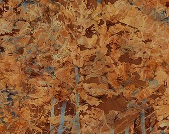 May include: A piece of fabric featuring an abstract pattern of overlapping brown, tan, and orange shapes with thin, vertical light blue lines. A white ruler with black markings is visible at the bottom, measuring up to 8 inches in length.