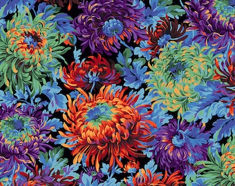 May include: A black background with a vibrant floral pattern featuring large, colourful chrysanthemums in shades of red, orange, green, blue, and purple.