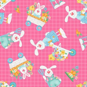 Down on the Bunny Farm Tossed Bunnies HALF YARD Pink 1841-22 by Henry Glass 100% Cotton Fabric