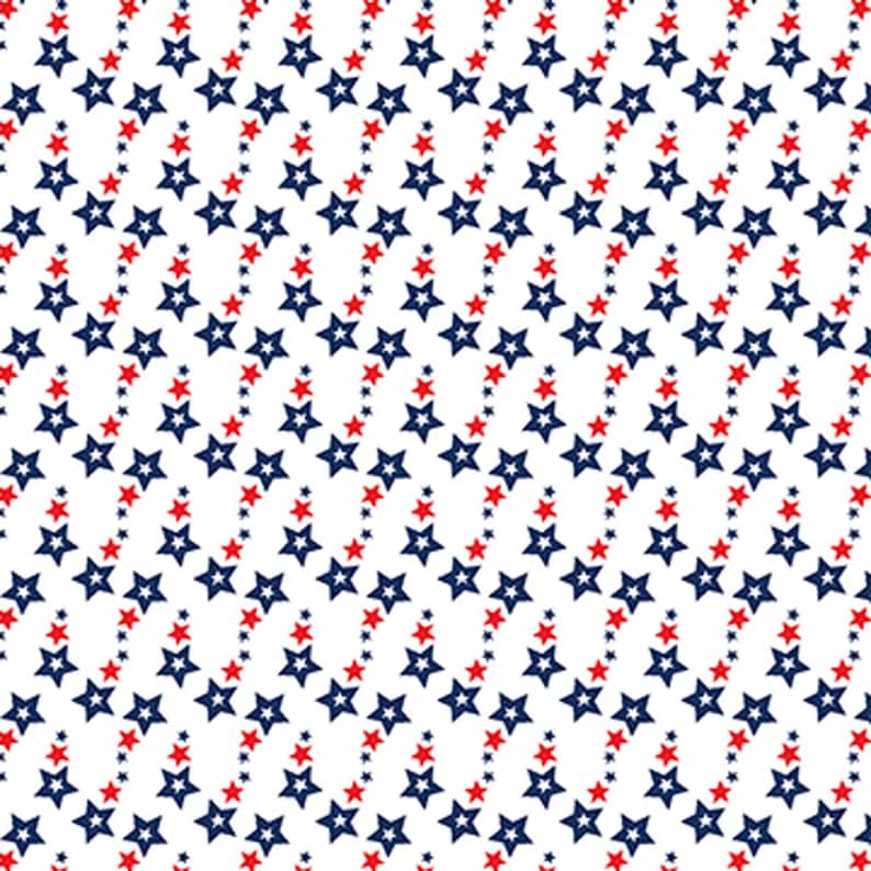 May include: White background with a repeating pattern of blue and red stars. The design features rows of blue stars connected by a string of red stars, creating a patriotic or festive aesthetic.