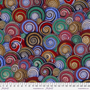 May include: A colorful fabric with a repeating pattern of swirling circles in shades of red, blue, green, brown, and white.