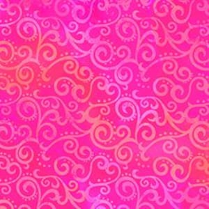 May include: A vibrant, close-up view of a fabric with a repeating pattern of swirling, stylized floral elements. The design features a gradient of pink and orange hues, creating a dynamic and eye-catching visual texture. The fabric's surface appears smooth.