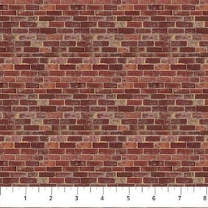 May include: A seamless pattern of red and brown bricks, creating a realistic brick wall effect. The bricks vary slightly in color, with some showing lighter shades of red and yellow. A ruler is at the bottom, marked in inches.