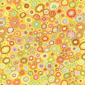 May include: A fabric pattern featuring a vibrant yellow background densely covered in various circular and organic shapes in shades of orange, lime green, light blue, pink, and white, creating a repetitive, multi-colored, and abstract design.