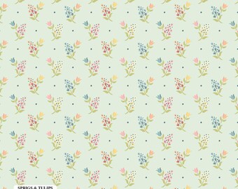 Wildwood Dwelling HALF YARD Sprigs & Tulips Lt Teal (Mint)  WW25113 Poppie Cotton 100% Cotton Quilting Fabric