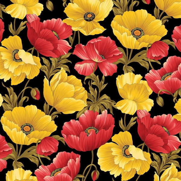 Flower Festival 2 Poppies Black 4250-12 by Benartex 100% Cotton Quilting Fabric Yardage