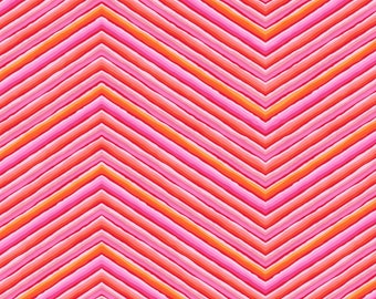 May include: A vibrant, abstract pattern featuring a chevron design. The pattern is composed of parallel lines in shades of pink, orange, and red, creating a visually dynamic and colorful composition. The lines are slightly textured.