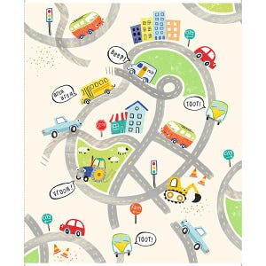 May include: A colorful children's illustration of a city scene with roads, buildings, and vehicles. The image features cars, buses, and construction vehicles driving on winding roads. Speech bubbles include "Beep!", "Vroom!", and "Toot!"