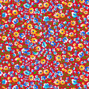 May include: A red fabric with a repeating pattern of small blue, white, and yellow flowers. The flowers are arranged in a random pattern and are surrounded by green leaves.