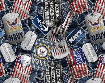 Navy Military HALF YARD Dogtags 1254-N Sykel Enterprise 100% Cotton Fabric - cut continuous