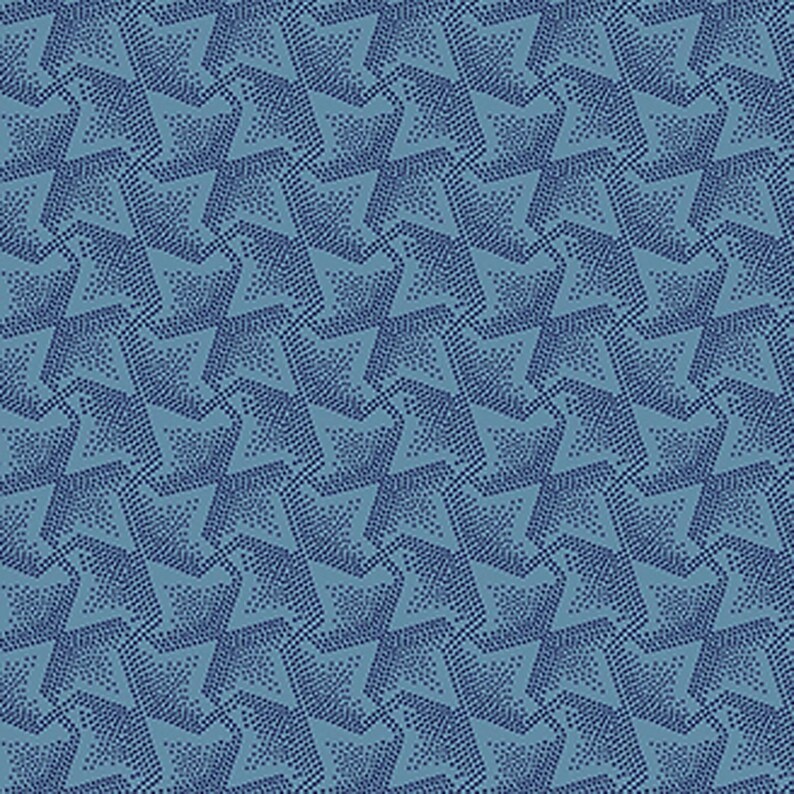 May include: A repeating pattern of stylized star shapes in varying shades of blue. The design features a combination of solid shapes and dotted textures, creating a dynamic and visually interesting surface.