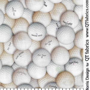 May include: A fabric pattern featuring a dense arrangement of golf balls in shades of white, gray, and tan. The golf balls have various printed text, including "Pro Tour 2", "Gold Stroke XL", and "Eagle Tech". The fabric also includes a measurement scale.