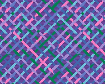May include: Abstract geometric pattern with intersecting lines in shades of purple, pink, blue, and green.