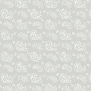 May include: A seamless pattern featuring a repeating design of white paisley shapes on a light gray background.