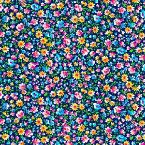 May include: A blue background with a repeating pattern of small pink, yellow, and blue flowers.