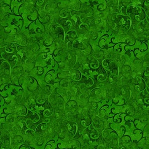 May include: A vibrant green fabric with a textured background and a repeating pattern of dark green swirling vines and leaves. The design has a watercolor effect, creating depth and visual interest. This fabric is suitable for various craft projects.