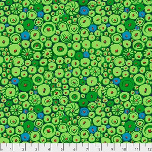 May include: A seamless pattern of green, blue, and red circles on a dark blue background. The circles are of varying sizes and shapes, and some have a textured appearance.