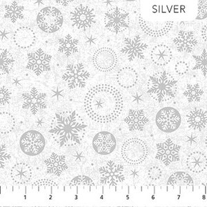 May include: White fabric with a silver snowflake and circle pattern. The fabric has a subtle textured background.