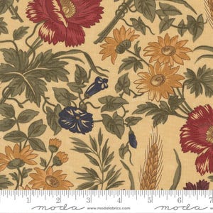 May include: A fabric print featuring a repeating pattern of deep red poppies, golden yellow daisies, and small dark blue flowers on a light tan background. Green foliage and stalks of wheat are interspersed throughout the floral design.
