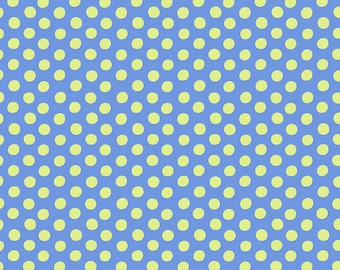 May include: A blue fabric with a repeating pattern of yellow polka dots. The dots are arranged in a staggered pattern.