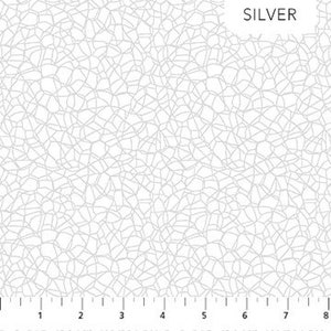 May include: White fabric with a silver, cracked-glass pattern. The word "SILVER" is printed in the upper right corner. A ruler is at the bottom of the image, showing measurements in inches.