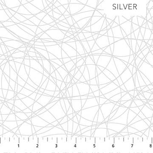May include: White fabric with a silver abstract pattern of thin, wavy lines.