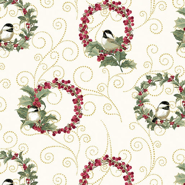 SALE Fabric A Festive Medley Chickadee Wreaths Cream 13181M-07 by Benartex 100% Cotton Quilting Fabric Yardage