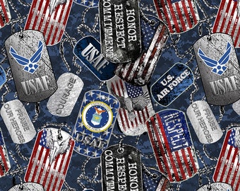 Air Force Military Dogtags 1254-AF by Sykel Enterprise 100% Cotton Fabric Yardage