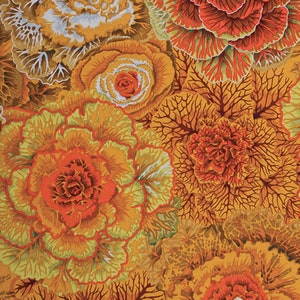 May include: A fabric pattern featuring a dense arrangement of ornamental kale and cabbage heads in vibrant shades of orange, yellow, red, and green. The design showcases intricate leaf textures with detailed veining and layered, ruffled edges.