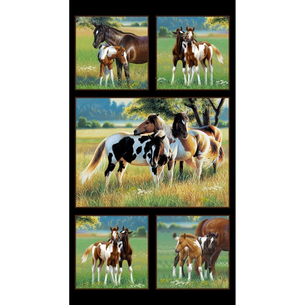 Pasture Buddies Panel Black 7207-BLA by Elizabeth's Studio 100% Cotton Fabric Panel Pinto Horses