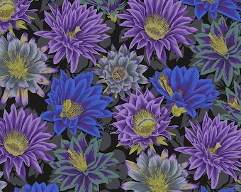 May include: A black background with a repeating pattern of purple, blue, and green flowers. The flowers have a yellow centre and are stylised to look like cacti.
