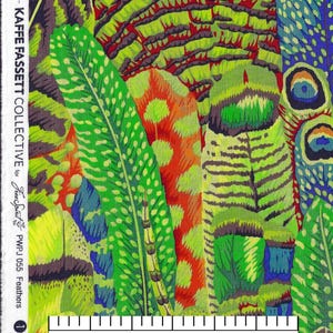 May include: A colorful fabric with a pattern of green, blue, and red feathers. The fabric is designed by Kaffe Fassett Collective for Five Spirit and is called "Feathers".