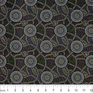 May include: A fabric with a repeating pattern of white and light green circles on a dark background. The circles are made up of small white dots, and the background has a speckled appearance. The pattern is measured in inches.