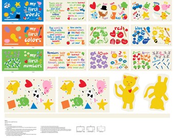 May include: A collection of educational fabric panels for children, featuring colorful illustrations and text. Panels include "My First Words," "My First Colors," and "My First Numbers," with various animal and object graphics.